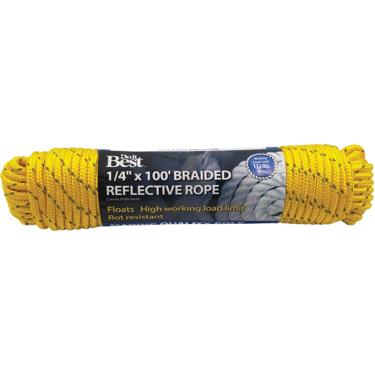 Yellow braided reflective polypropylene rope coiled with packaging highlighting strength and rot-resistant features for home use