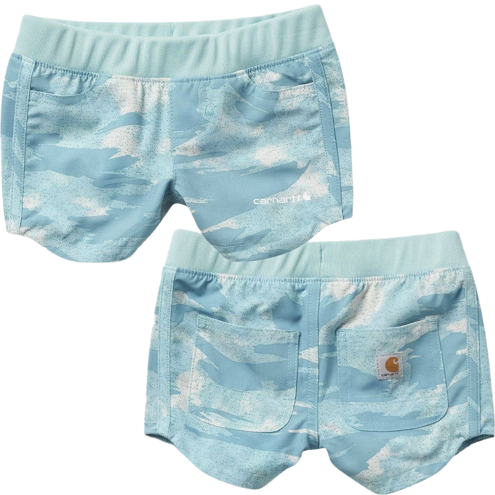 Lightweight blue camo toddler shorts with elastic waistband and front and back pockets for casual wear