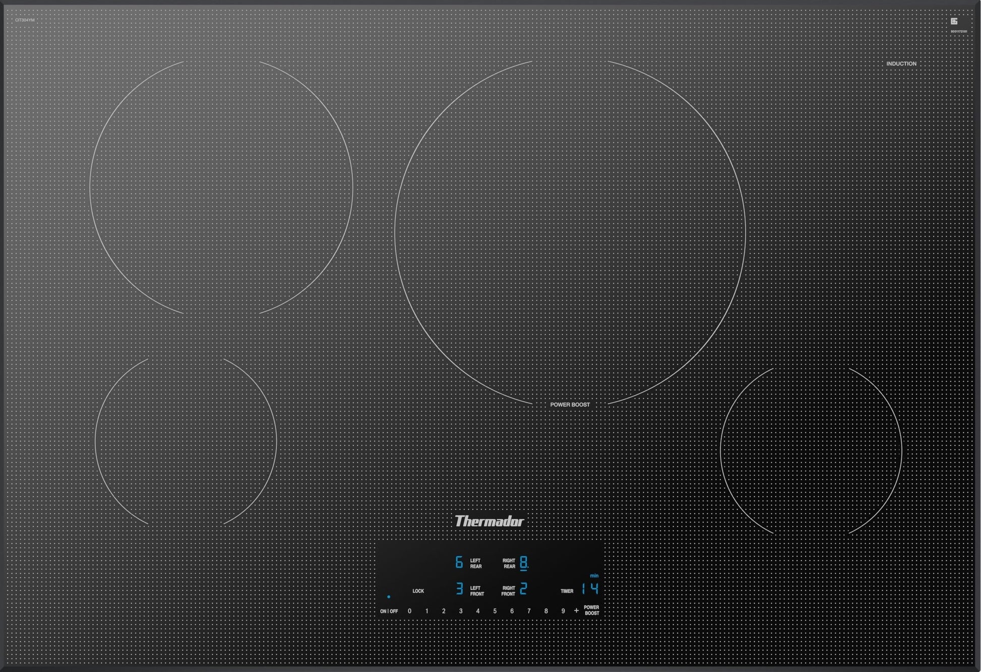 Thermador induction cooktop in silver mirror finish with four cooking zones and touch control panel from Hartville Hardware