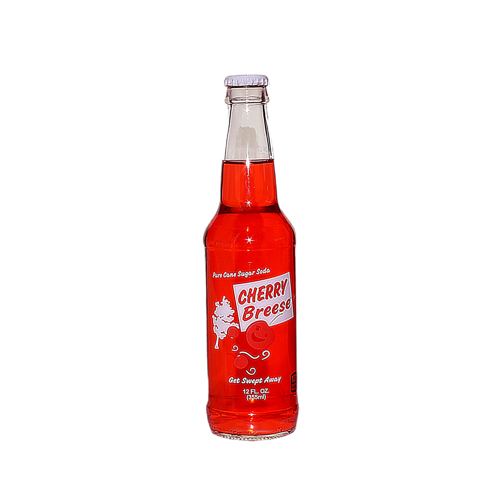 Clear glass bottle of bright red cherry soda with vintage-style label and metal cap for refreshing beverage choice