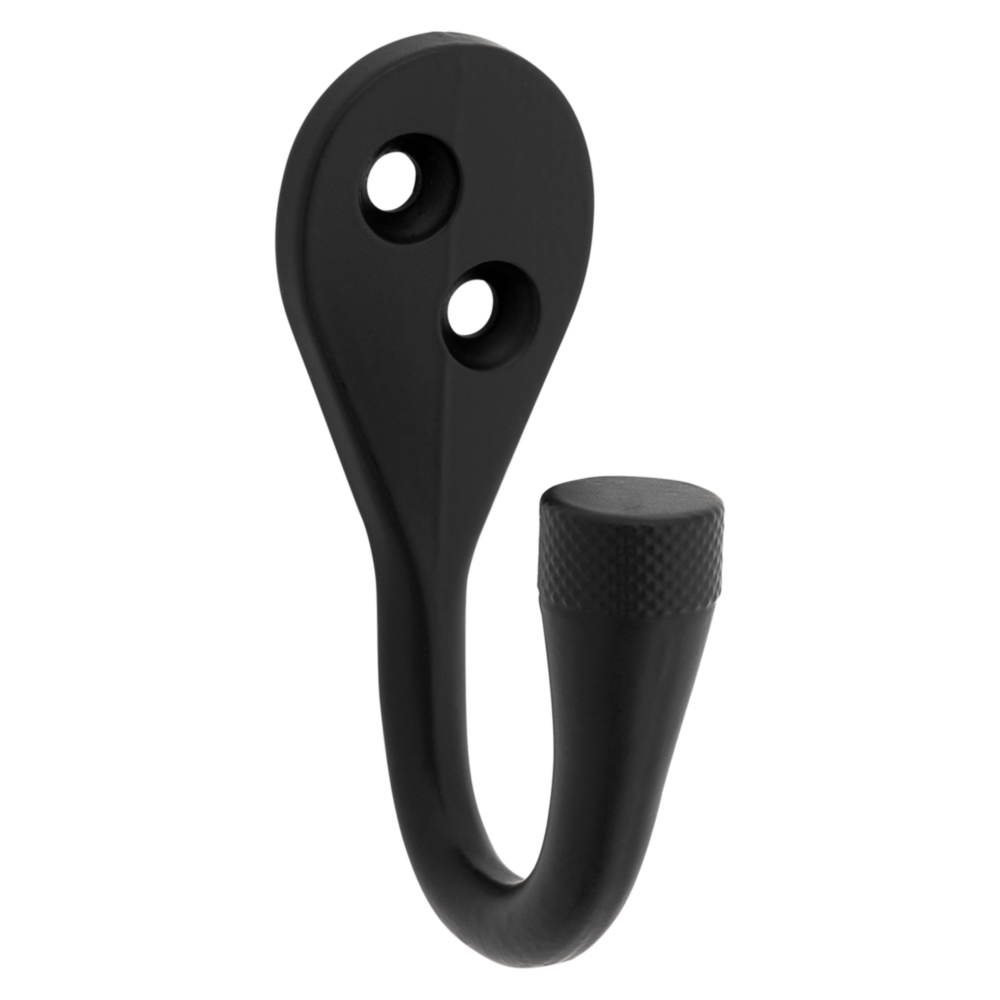 Matte black knurled hook with two mounting holes for durable storage and organization under $50 in home improvement