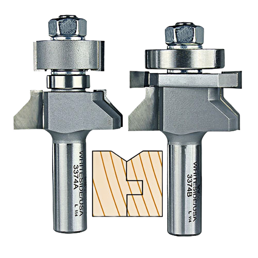 Set of two steel panel router bits with cutting edges for tongue and groove woodworking in tool accessories collections