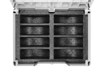Open white plastic storage box with foam insert compartments for organizing abrasives and workshop tools