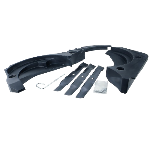 Black plastic mulching attachment parts with three metal blades and mounting hardware for lawn mower maintenance tasks