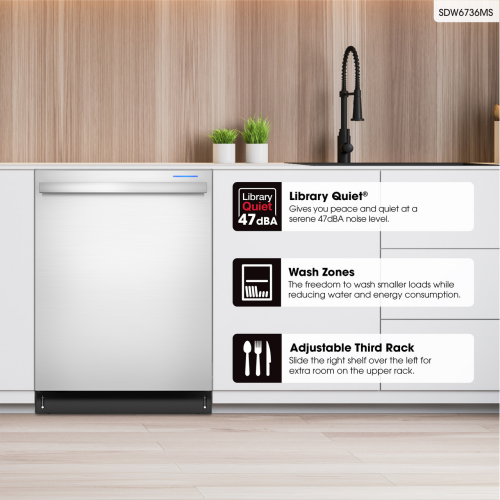Built-in stainless steel dishwasher integrated into modern kitchen with wood panel backsplash and black faucet