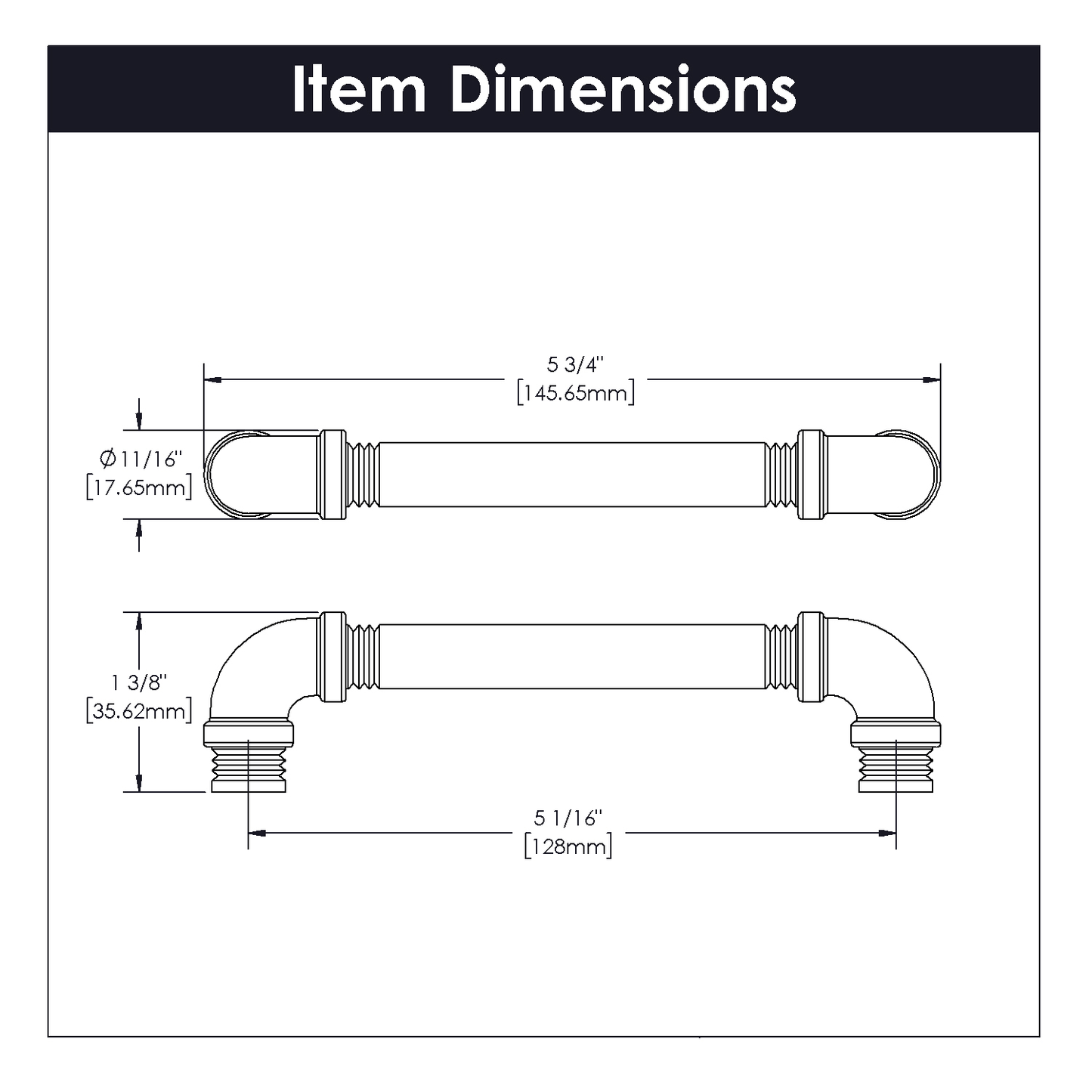 Technical drawing of black nickel vibed pipeline-style cabinet pull with detailed measurements for hardware and home improvement.
