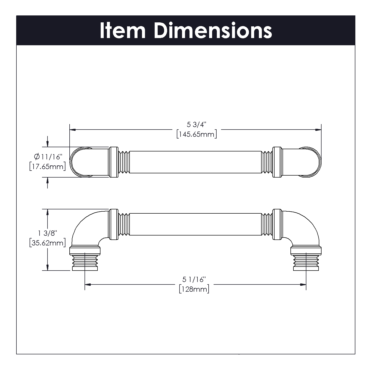 Technical drawing of black nickel vibed pipeline-style cabinet pull with detailed measurements for hardware and home improvement.