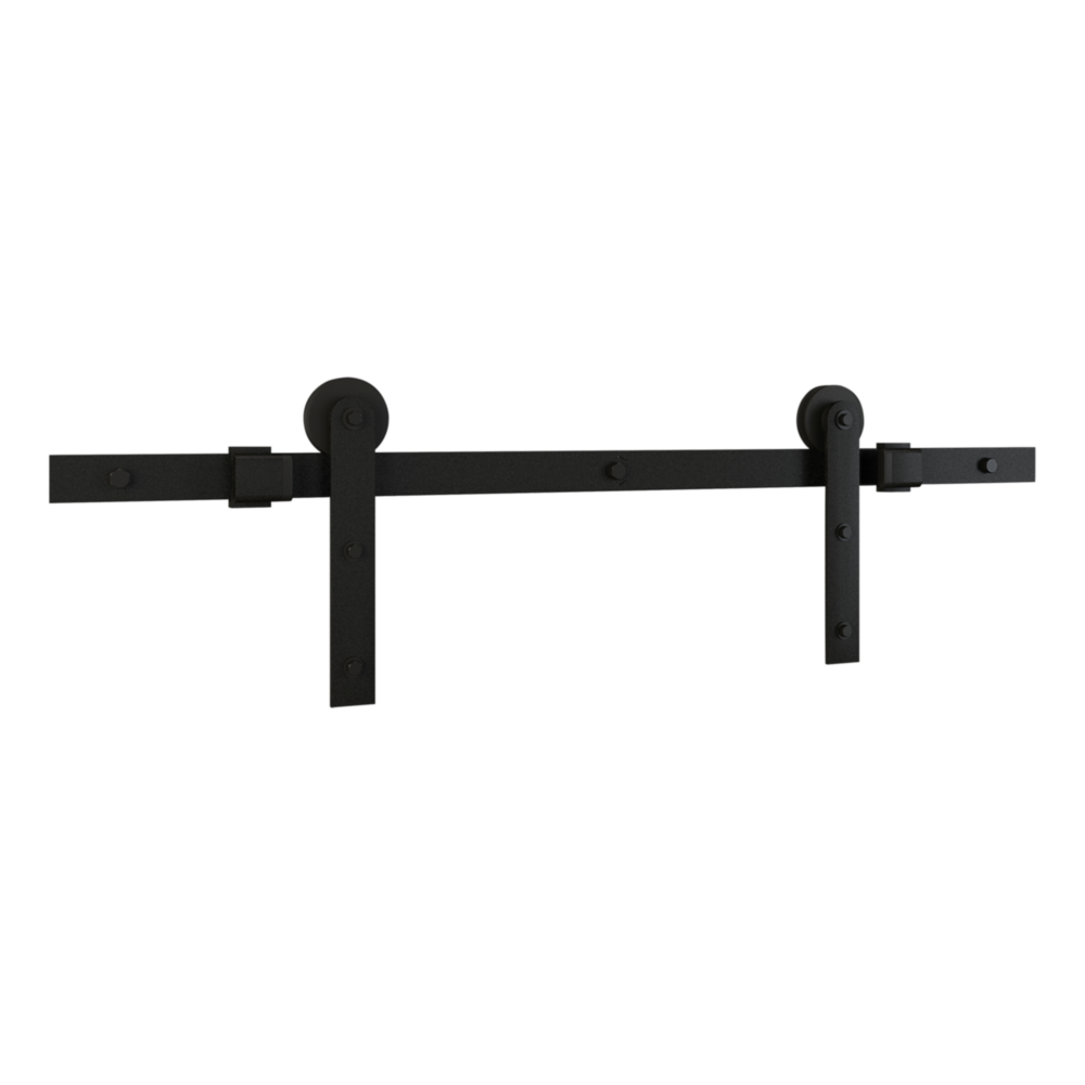 Matte black 72-inch two-piece barn door hardware kit with rollers for interior door installation and home improvement projects