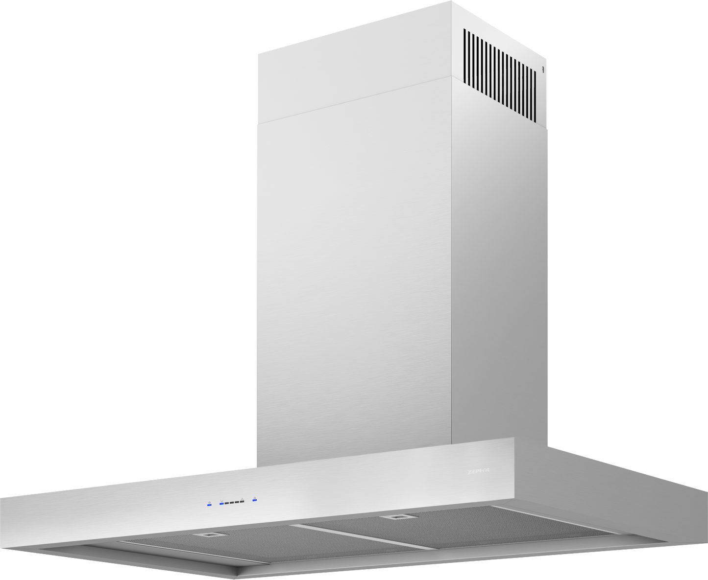 Contemporary stainless steel chimney range hood with LED lighting and high airflow for modern kitchens in Over the Range Hoods collection