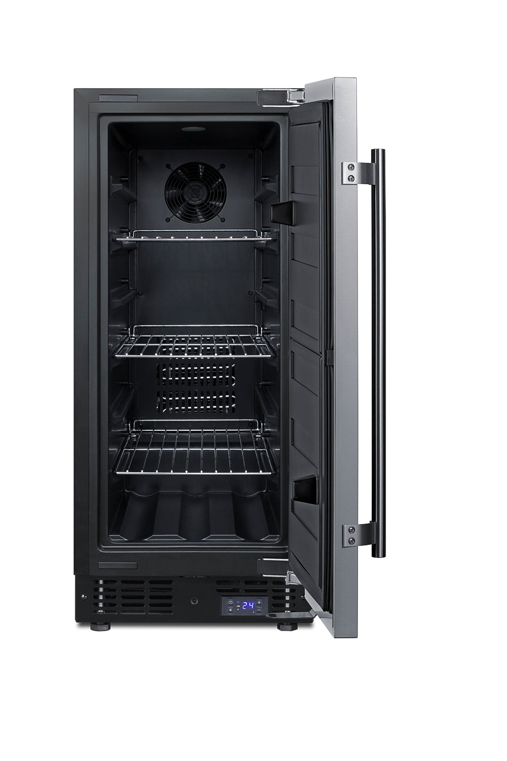 15-inch black built-in freezer with open door showing wire shelves, digital temperature display, and stainless steel handle