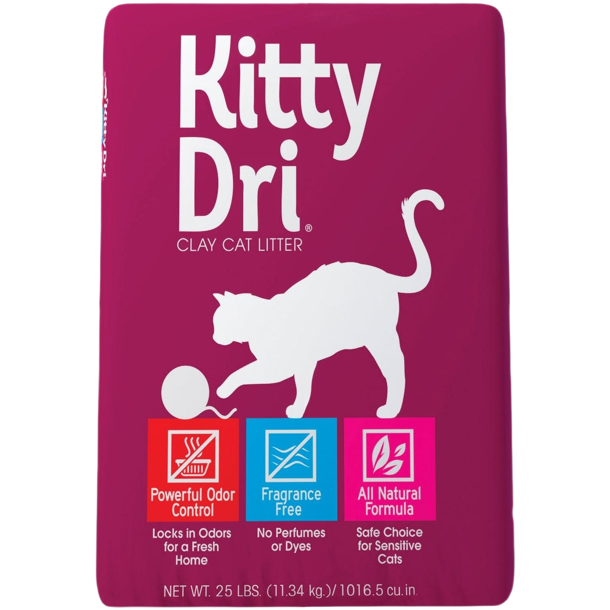 Burgundy bag of clay cat litter with white cat silhouette and icons highlighting odor control, fragrance free, and natural formula