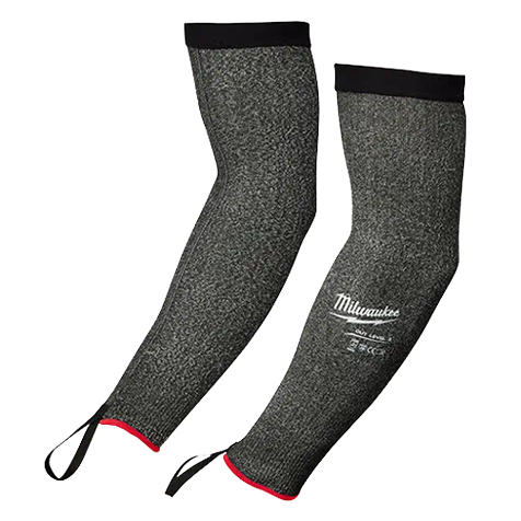 Gray cut-resistant protective sleeves with black cuffs and loop closures for safety in tools and home improvement tasks
