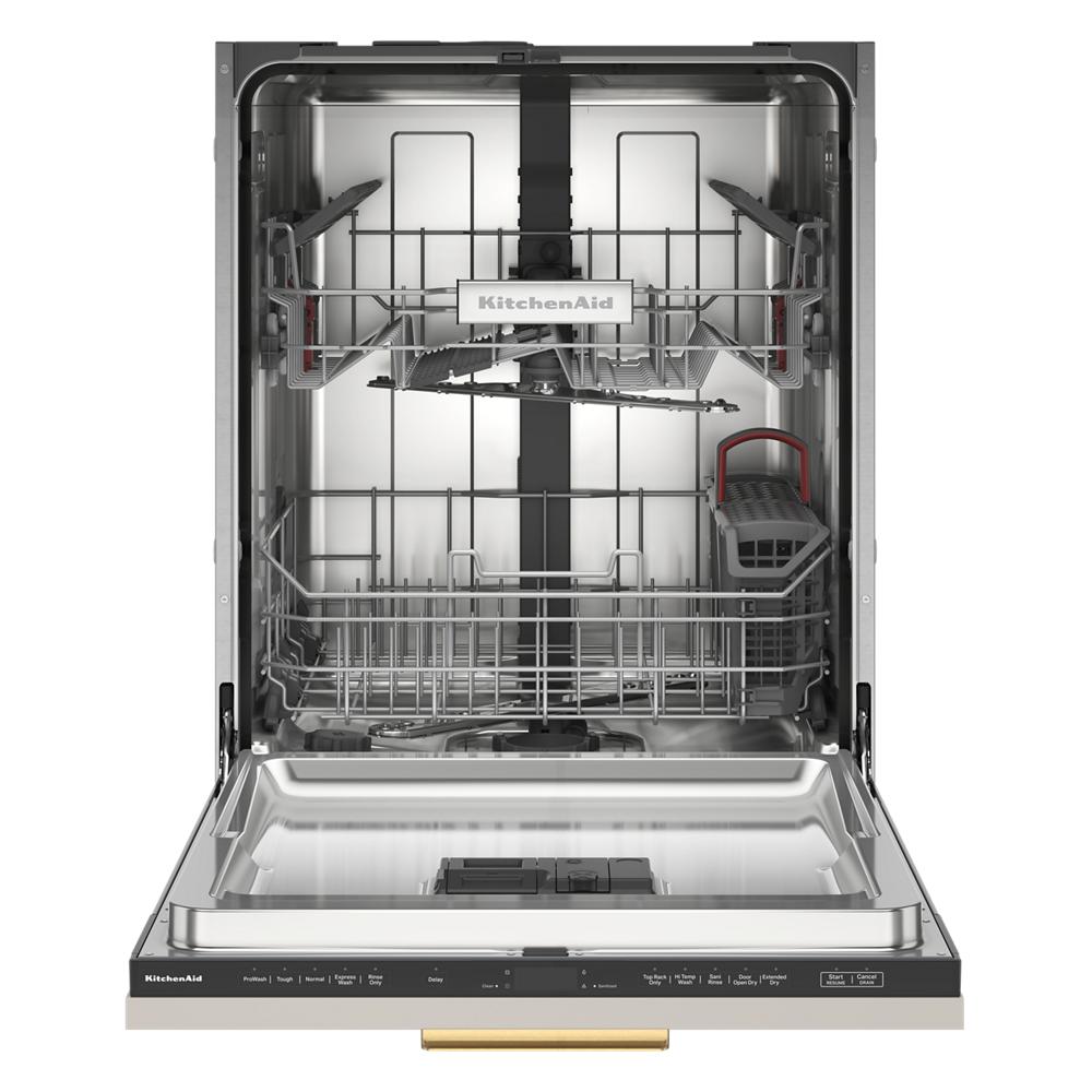 Open panel-ready stainless steel dishwasher with adjustable two-rack system and utensil basket in KitchenAid appliances collection