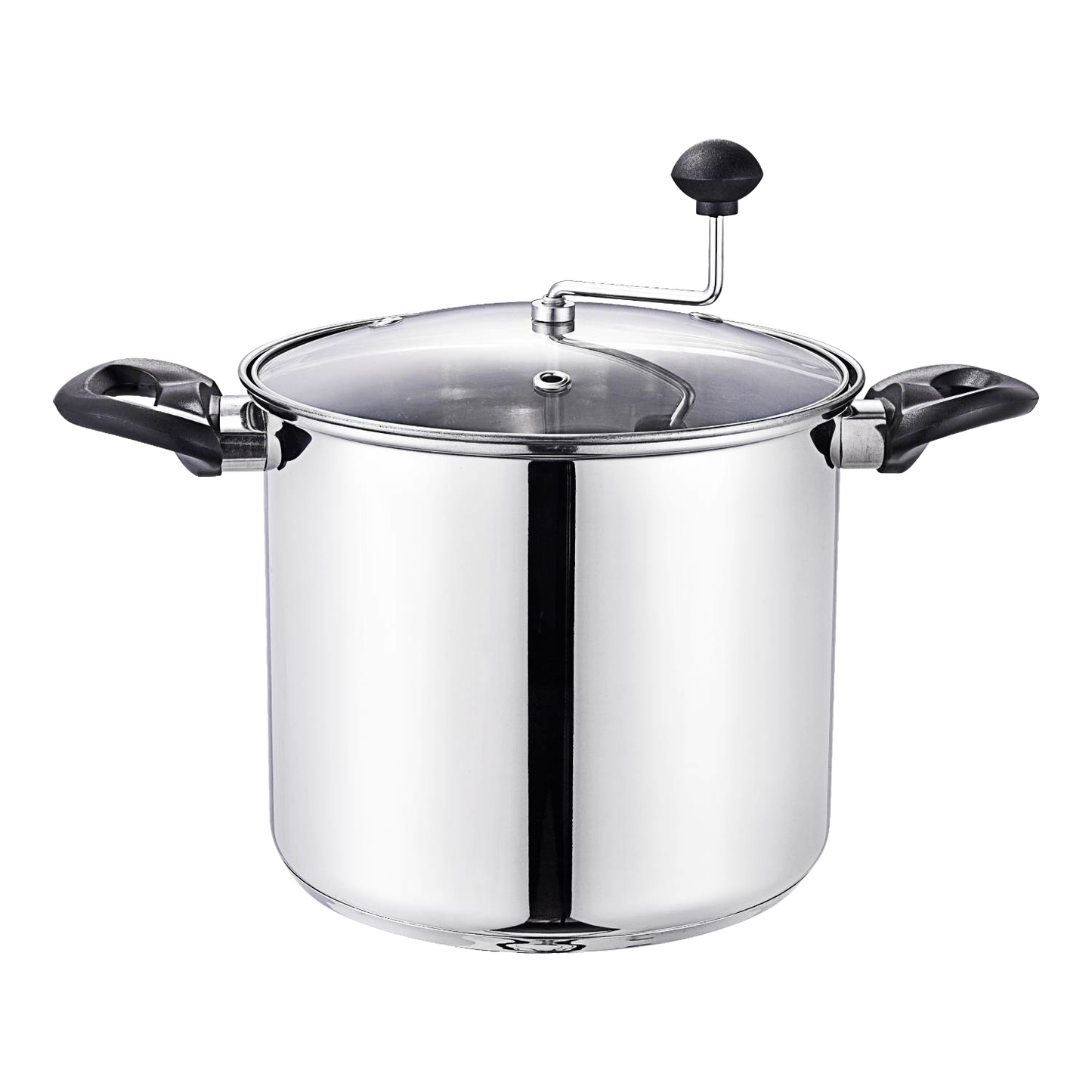 Stainless steel popcorn popper with glass lid, crank handle, and black side grips from Small Kitchen Appliances collection