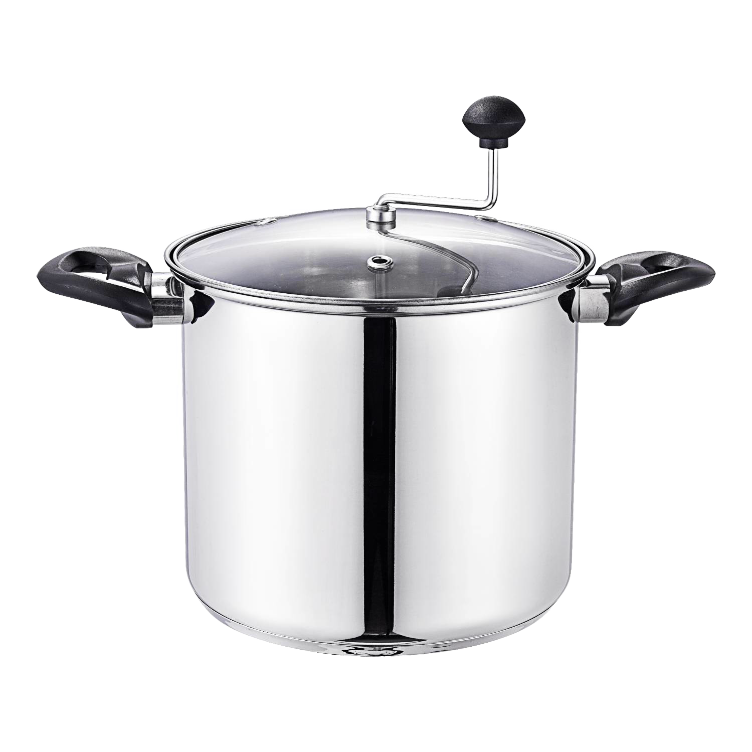 Stainless steel popcorn popper with glass lid, crank handle, and black side grips from Small Kitchen Appliances collection
