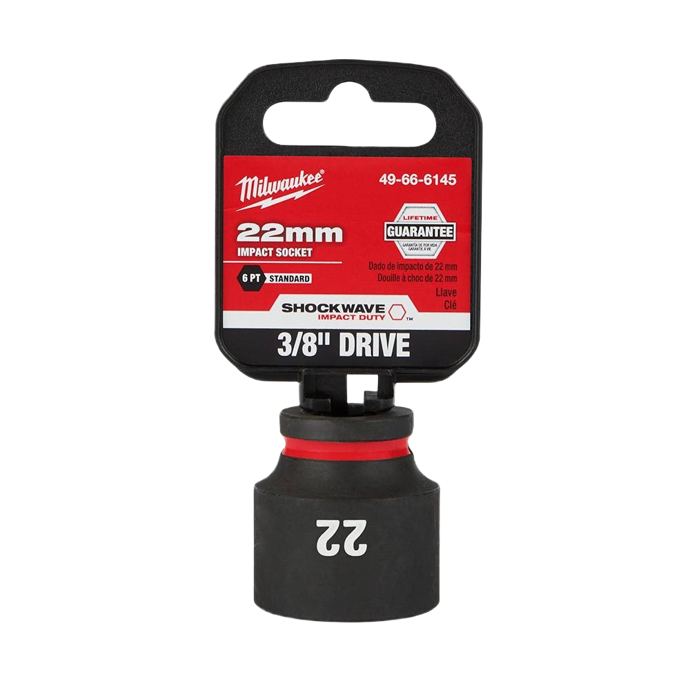 22-mm black impact socket with 3/8 inch drive and red ring, designed for high torque hand tools and Milwaukee collections