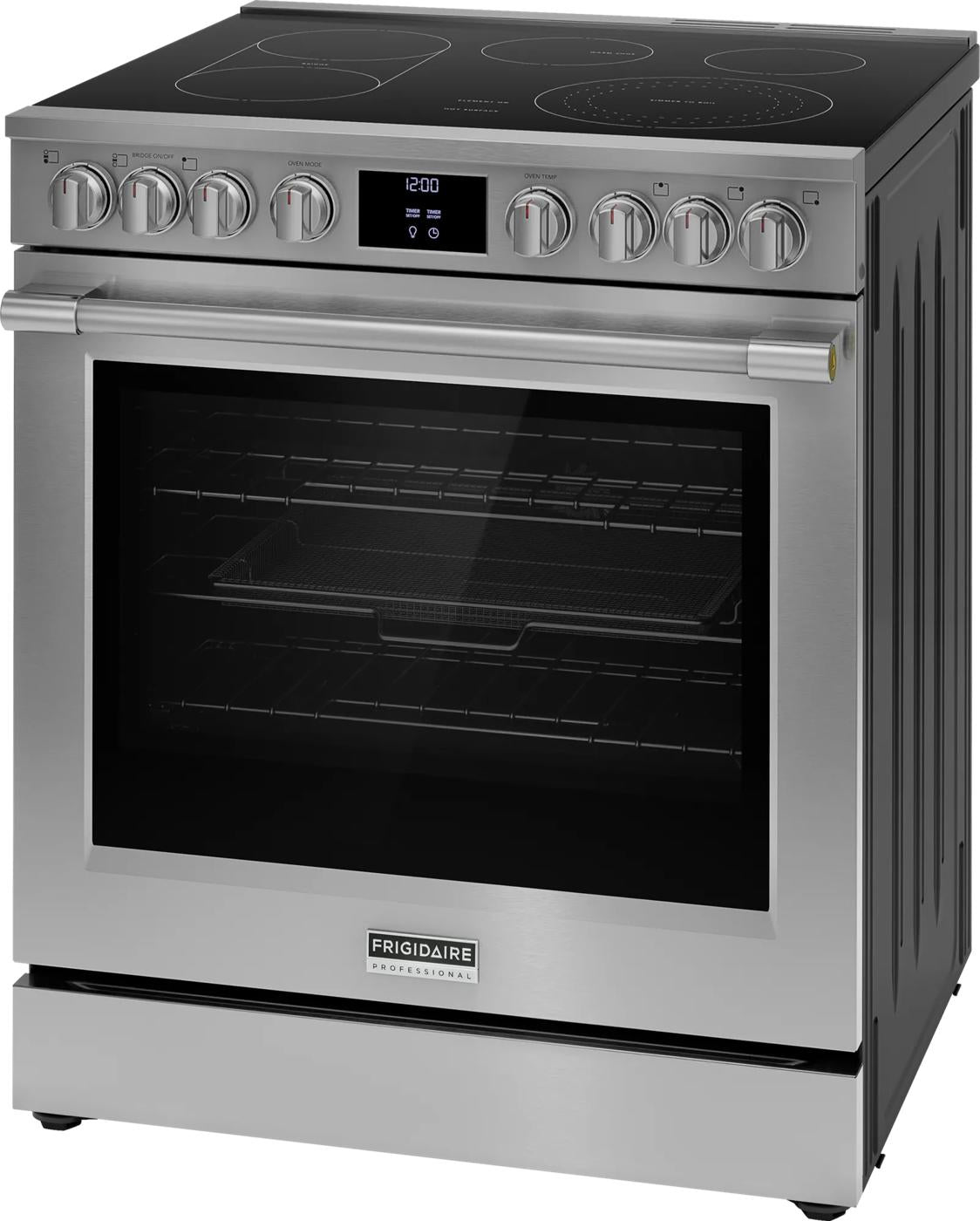 stainless steel electric range with front control knobs, digital display, and glass electric cooktop in appliances collection