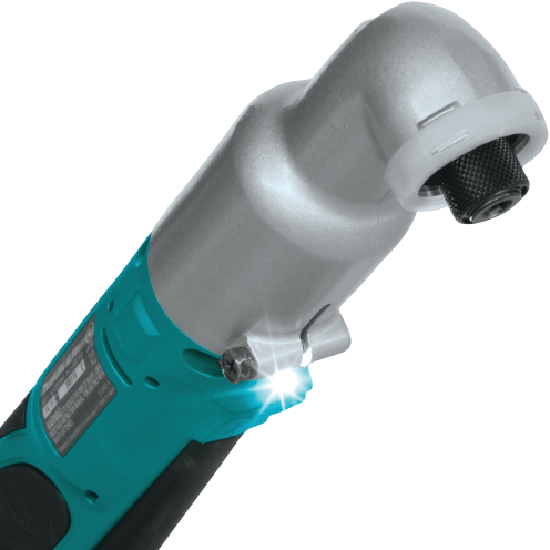 Cordless angle impact driver with teal housing and integrated LED light for improved visibility during home improvement tasks