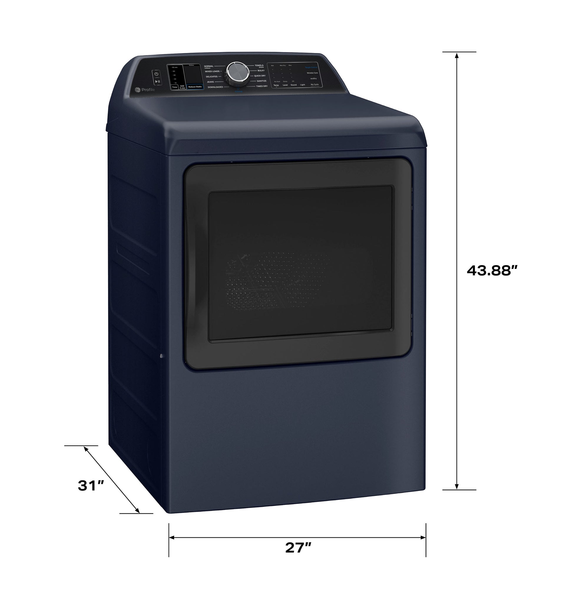 Navy blue smart gas dryer with digital controls and window door in Dryers, Appliances, and Washers & Dryers collections