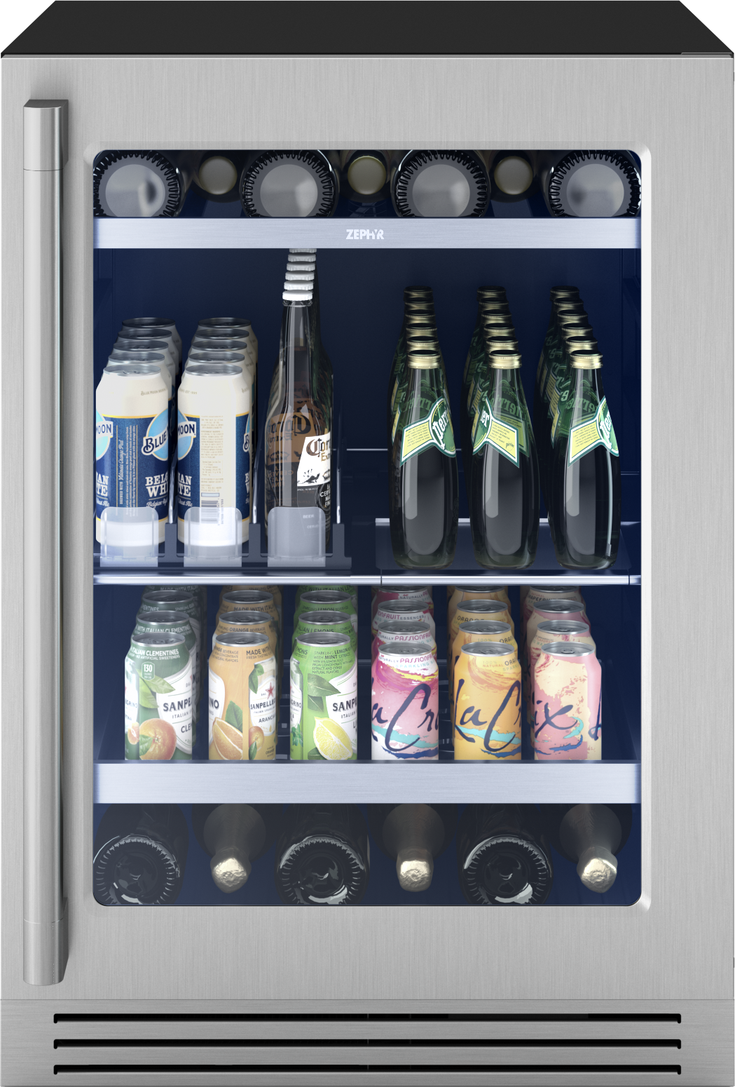 Under-counter beverage cooler with stainless steel frame, glass door, interior shelves stocked with bottles and cans from Appliances collection