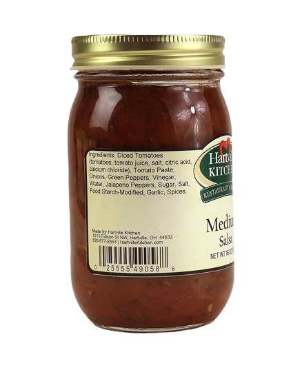 Glass jar of Hartville Kitchen medium salsa with gold lid in salsas and food and beverage collections