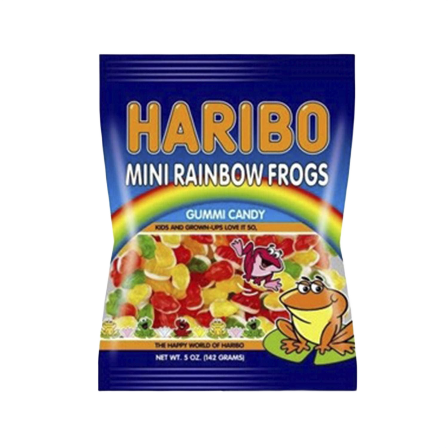 Packaging of colorful gummy mini rainbow frogs candy in a 5 oz bag from the chocolates and candies collection