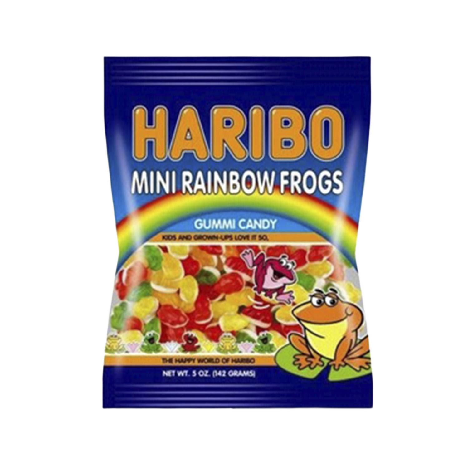 Packaging of colorful gummy mini rainbow frogs candy in a 5 oz bag from the chocolates and candies collection