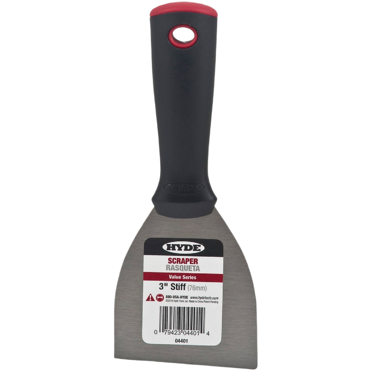 Stiff metal scraper with black and red handle designed for home improvement and tools use