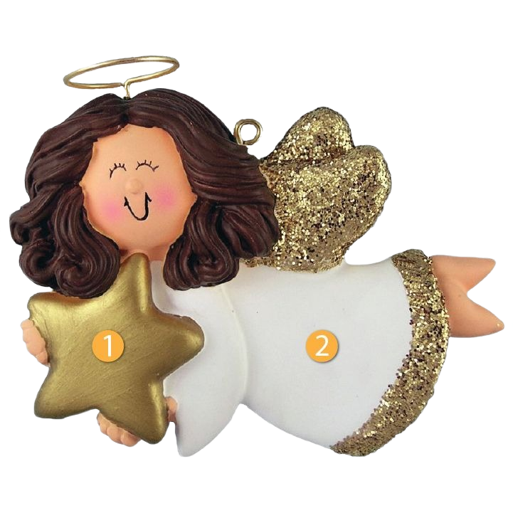 Brunette female angel ornament with gold star and glitter wings in Christmas Ornaments & Tree Decorations collection