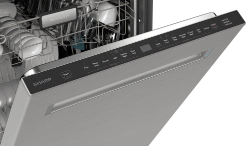 Top control panel view of an open stainless steel dishwasher with dishes inside in kitchen and appliances collections.