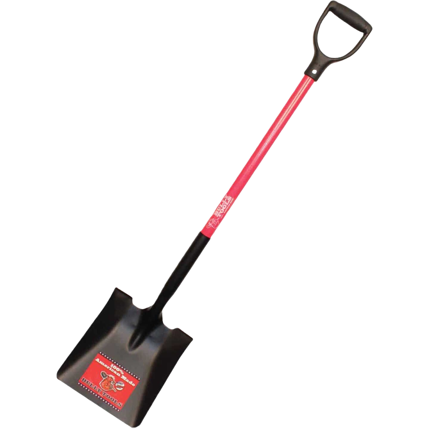Heavy-duty square point shovel with red fiberglass handle and black D-grip for digging and gardening tasks