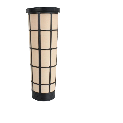 Cylindrical beige and black air filter element with grid pattern for use in tools and home improvement equipment