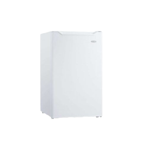 Compact white refrigerator with single door and reversible hinge, ideal for kitchen and appliance collections