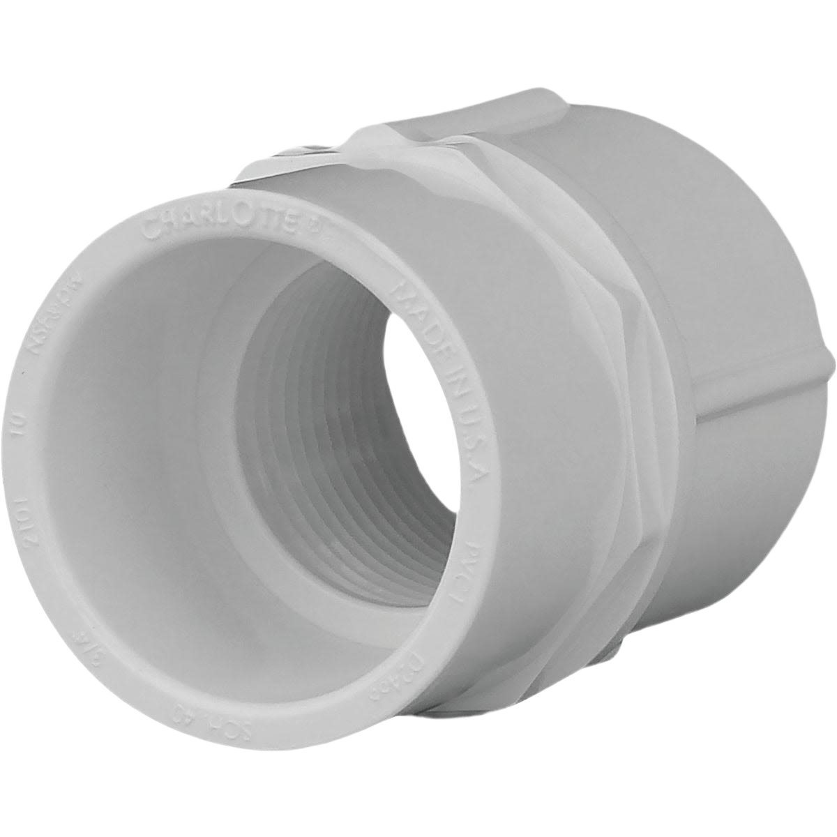 3/4 inch female PVC adapter with threaded interior for pipes and fittings in plumbing and home improvement collections
