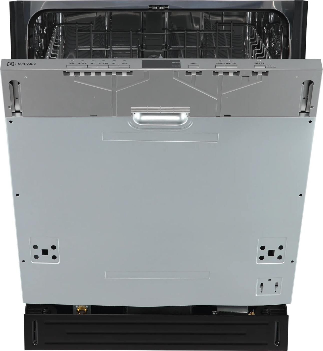 Open front view of a 24-inch panel ready dishwasher showing stainless steel interior and control panel, featured in dishwashers at Hartville Hardware.
