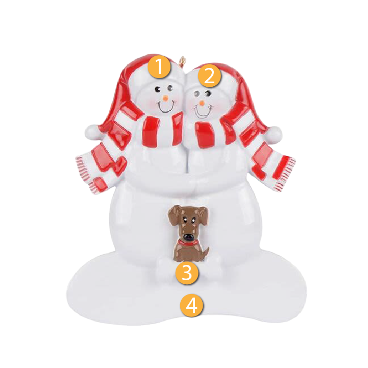Snow couple ornament wearing red scarves hugging with tan dog sitting in snow, Christmas décor under $50