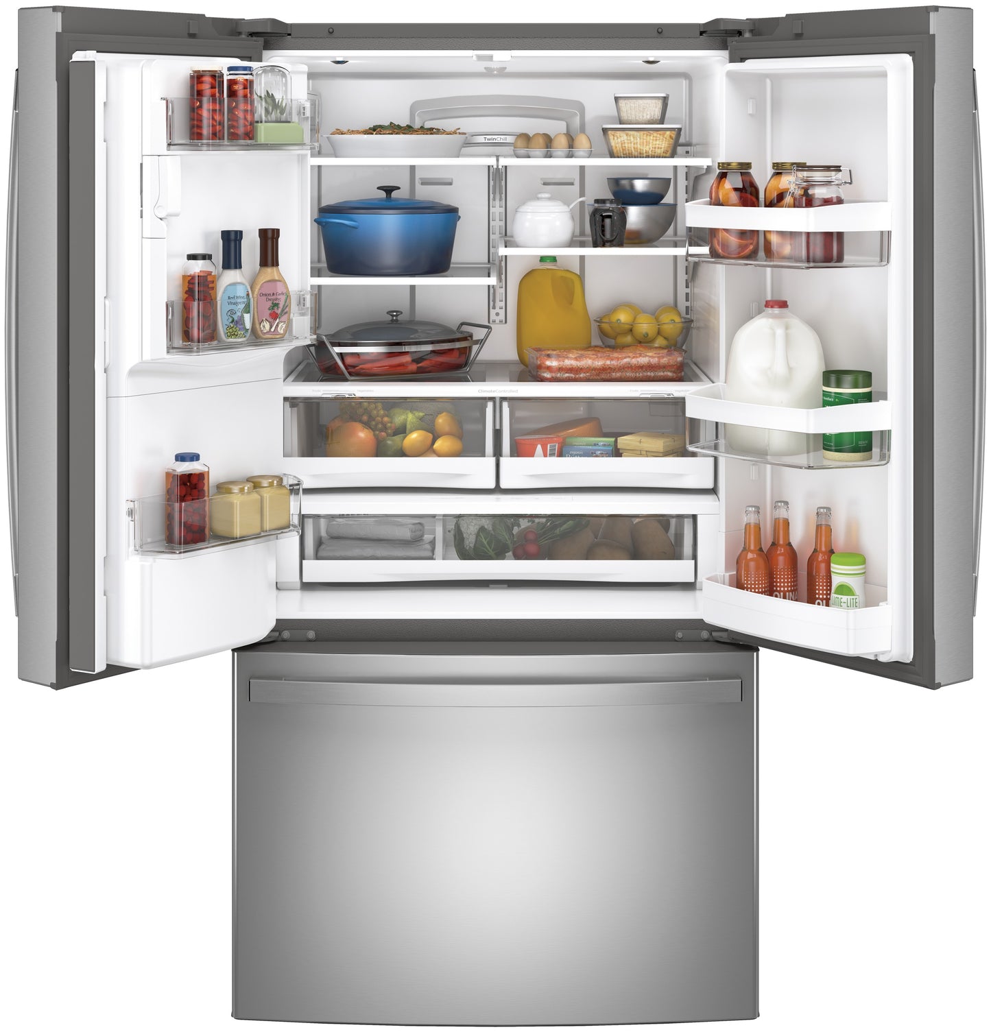 Open fingerprint-resistant stainless steel French-door refrigerator with stocked shelves, drawers, and bottom freezer in kitchen appliances collection