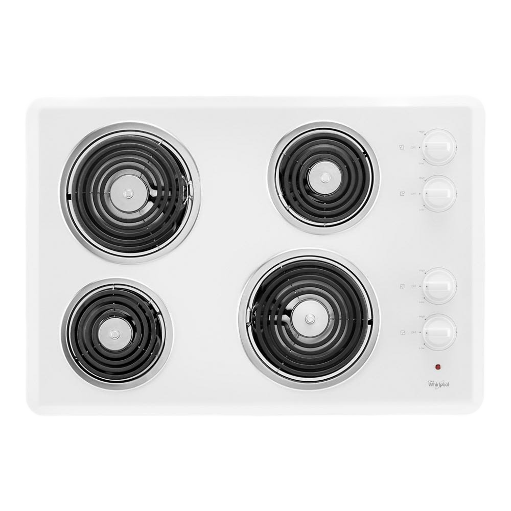 White electric cooktop with four coil burners and control knobs for kitchen and appliance use
