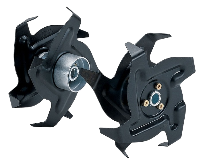Curved bolo tine cultivator attachment in black metal, designed for efficient soil cultivation in garden hand tools collection