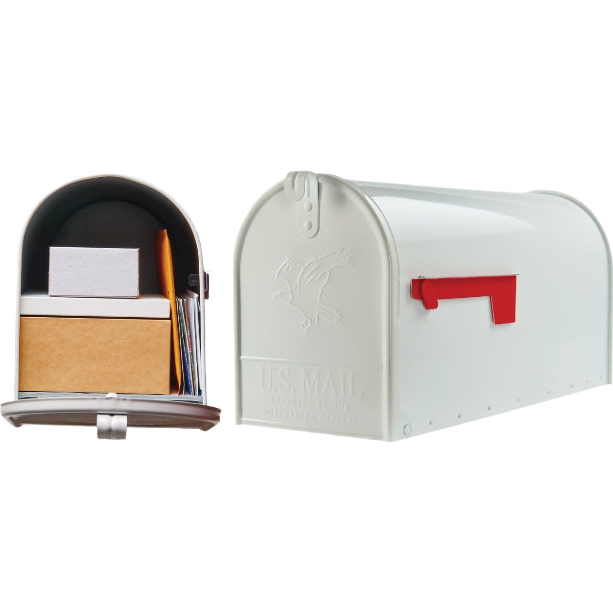 White rural-style mailbox with red flag, open view showing stacked parcels inside for home improvement use