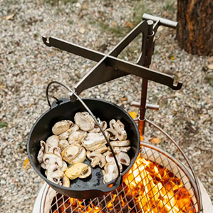 Outdoor kettle hook with durable metal construction for hanging cookware over fire pits in patio furniture and outdoor living setups