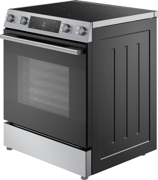 Electric freestanding range with smooth black ceramic cooktop and stainless steel trim in modern kitchen appliance setting