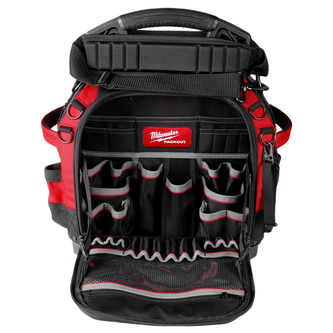 Open red and black tool bag with multiple interior pockets and reinforced handle for organized tool storage and jobsite use