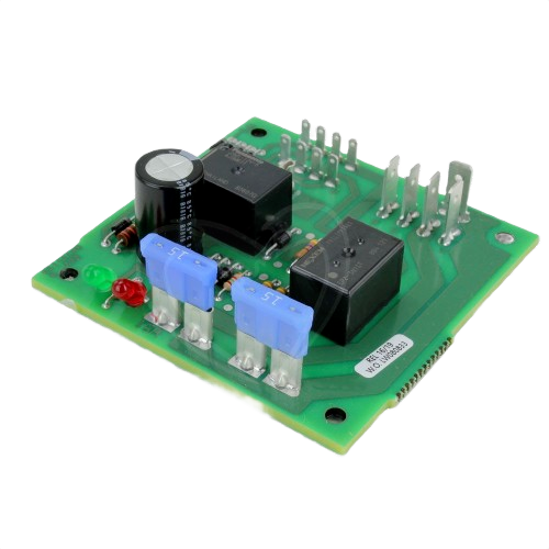 Green printed circuit board with capacitors, relays, fuses, and multiple connectors for tools and home improvement use
