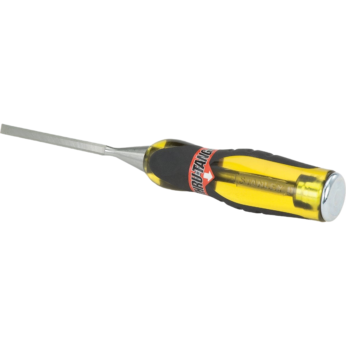 Wood chisel with yellow transparent handle and metal blade designed for woodworking and home improvement tasks