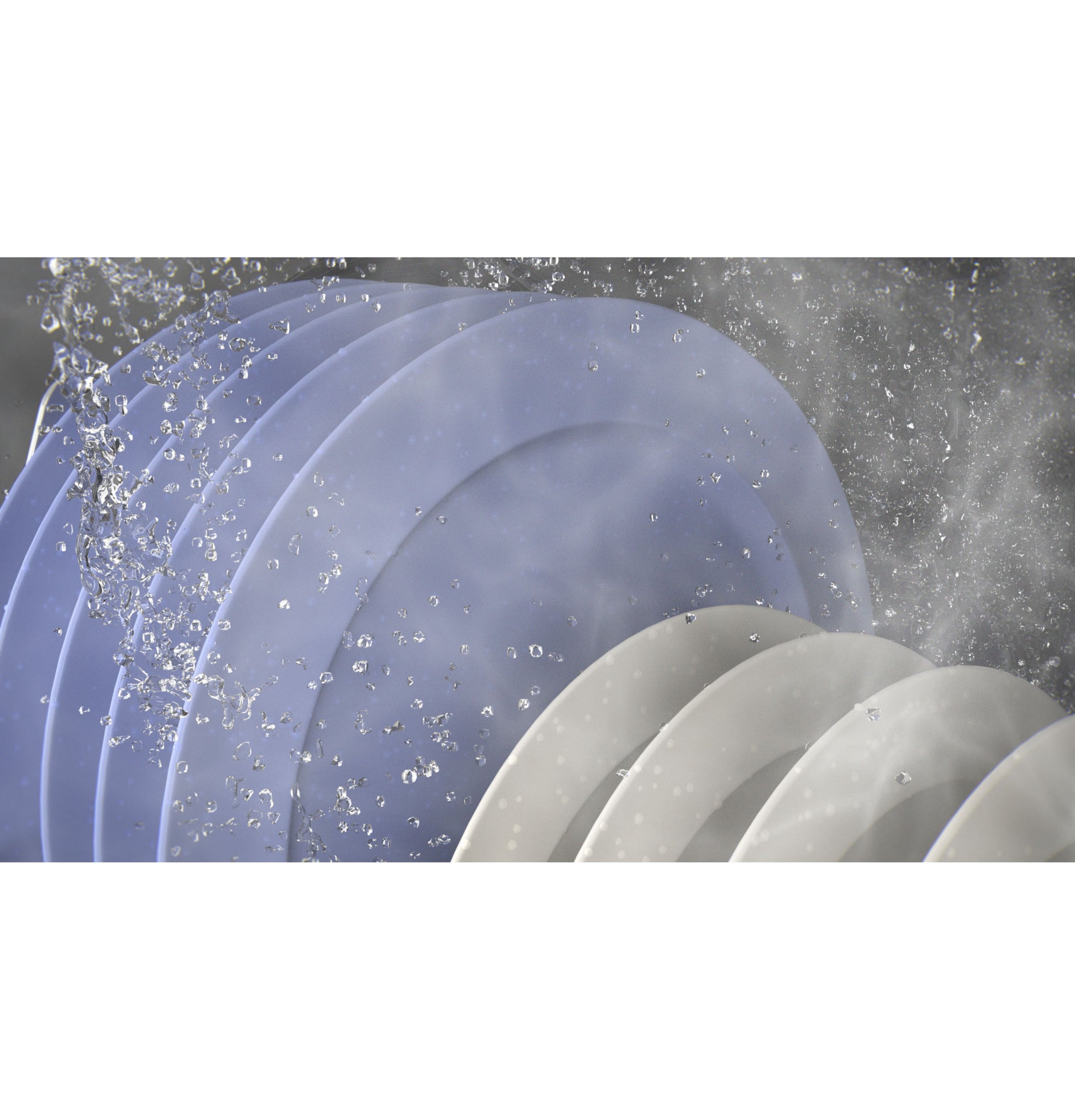 Water droplets and steam rising off blue and white plates inside dishwasher rack from Appliances collection