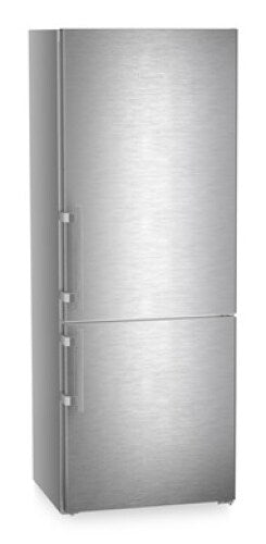 Brushed stainless steel freestanding refrigerator with bottom freezer and right-hinged doors in kitchen appliances collection