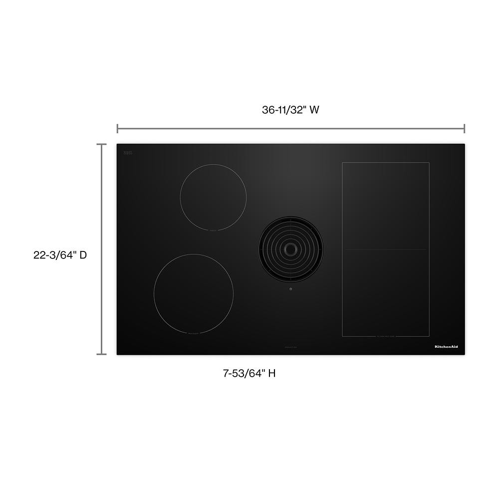 Black induction cooktop with downdraft vent and multiple cooking zones in KitchenAid cooktops and appliances collection