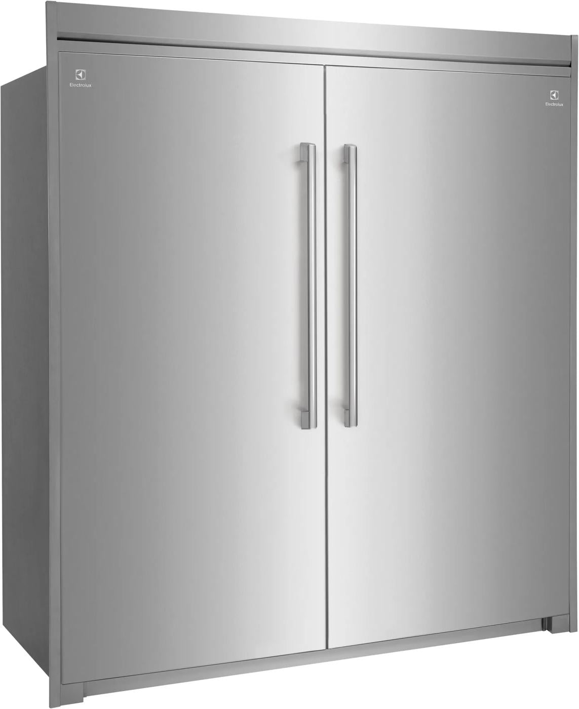 Large stainless steel double-door freezer with vertical handles, sleek design from Freezers & Ice Makers and Appliances collections