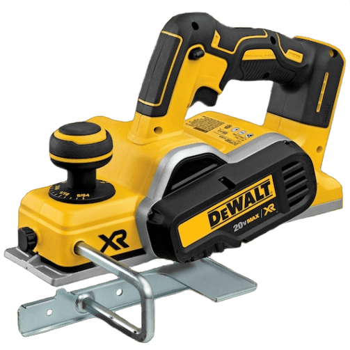 Yellow and black cordless brushless planer with ergonomic handle and adjustable front knob for home improvement projects